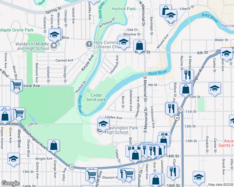 map of restaurants, bars, coffee shops, grocery stores, and more near 1750 9th Street in Racine