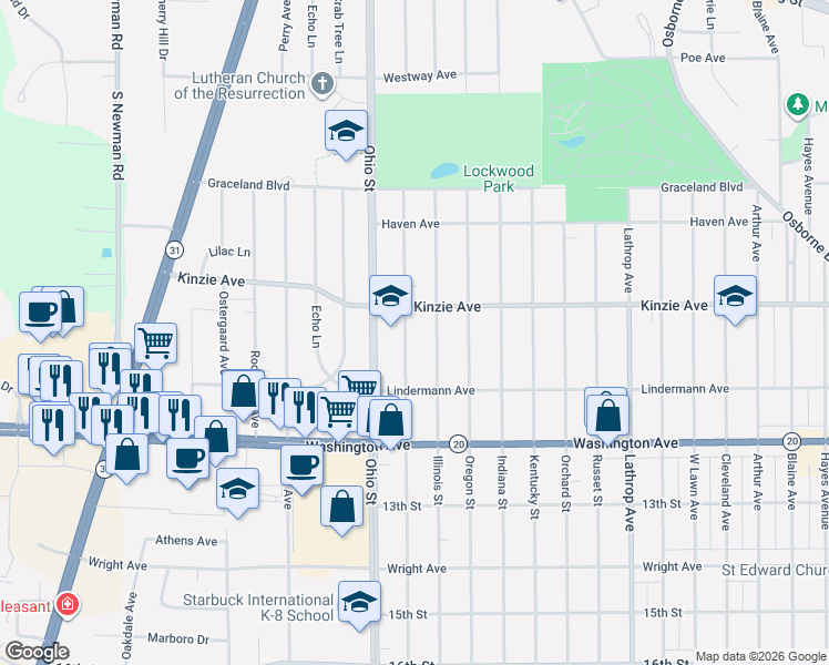 map of restaurants, bars, coffee shops, grocery stores, and more near 934 Illinois Street in Racine