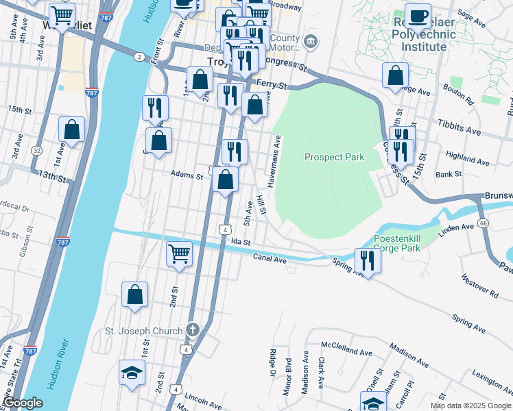 map of restaurants, bars, coffee shops, grocery stores, and more near 117 Hill Street in Troy