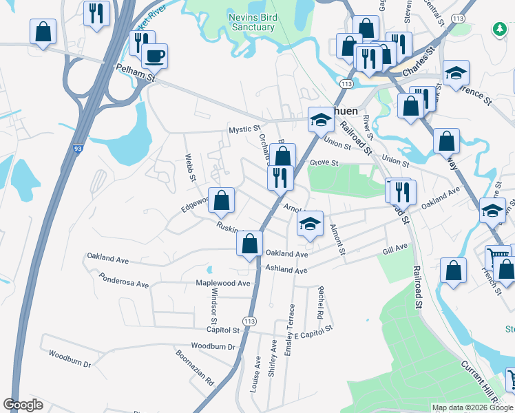 map of restaurants, bars, coffee shops, grocery stores, and more near 3 Field Avenue in Methuen