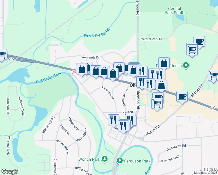 map of restaurants, bars, coffee shops, grocery stores, and more near 2264 Kenmore Drive in Meridian Charter Township