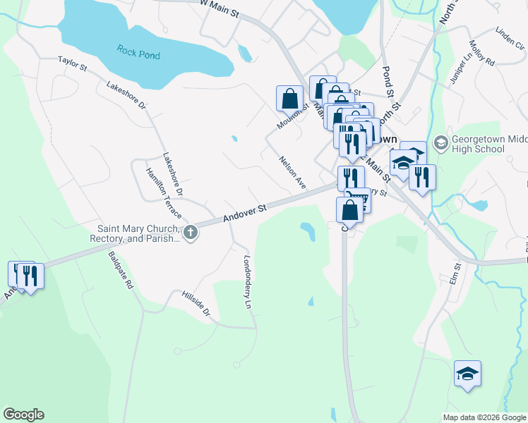 map of restaurants, bars, coffee shops, grocery stores, and more near 60 Andover Street in Georgetown