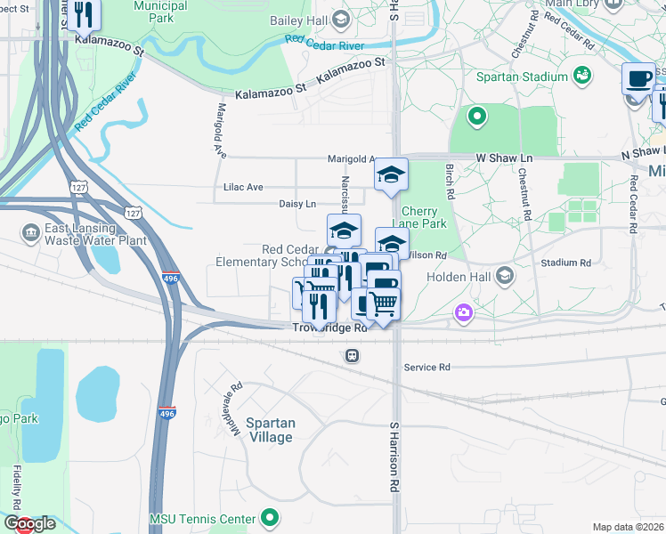 map of restaurants, bars, coffee shops, grocery stores, and more near 1110 Narcissus Drive in East Lansing