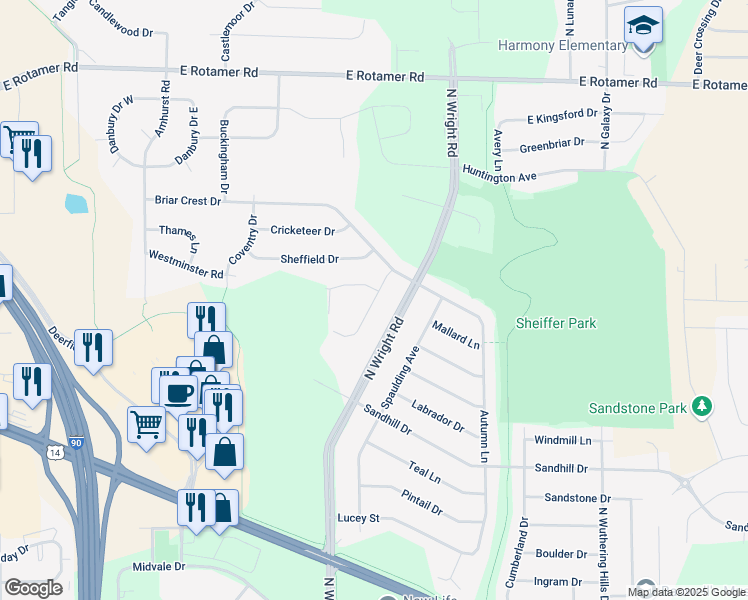 map of restaurants, bars, coffee shops, grocery stores, and more near 3373 Widgeon Drive in Janesville