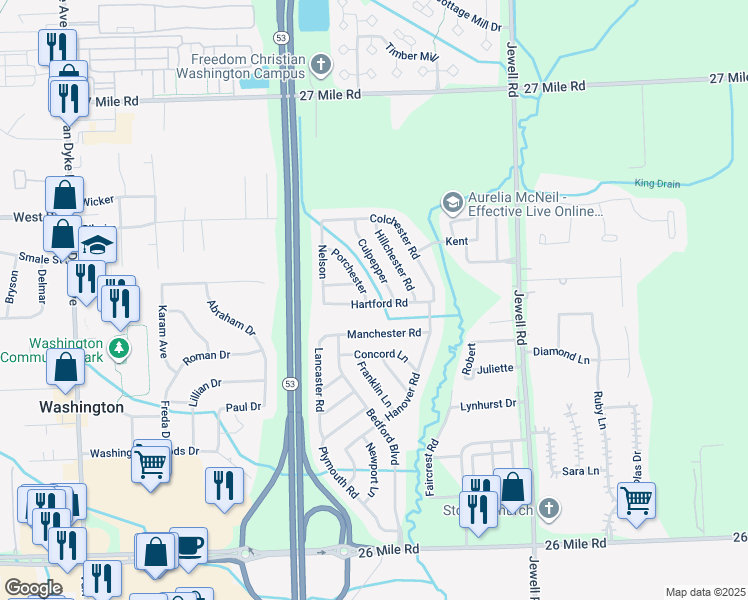 map of restaurants, bars, coffee shops, grocery stores, and more near 11162 Hartford Road in Washington