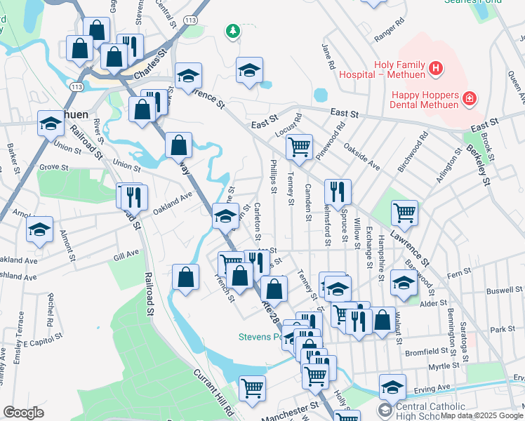 map of restaurants, bars, coffee shops, grocery stores, and more near 20 Carleton Street in Methuen