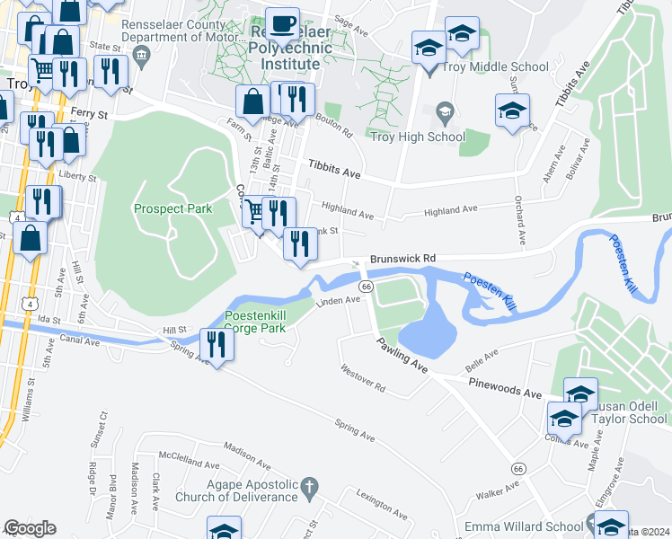 map of restaurants, bars, coffee shops, grocery stores, and more near 548 Congress Street in Troy