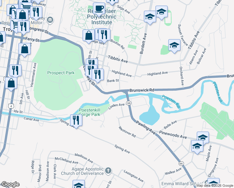 map of restaurants, bars, coffee shops, grocery stores, and more near 548 Congress Street in Troy