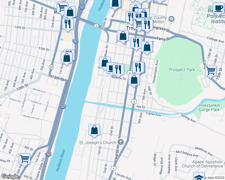 map of restaurants, bars, coffee shops, grocery stores, and more near 242 1st Street in Troy