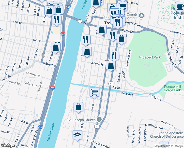 map of restaurants, bars, coffee shops, grocery stores, and more near 242 1st Street in Troy