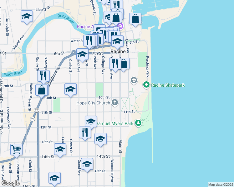 map of restaurants, bars, coffee shops, grocery stores, and more near 944 Main Street in Racine