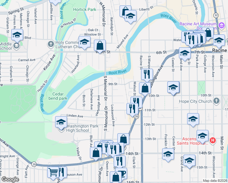 map of restaurants, bars, coffee shops, grocery stores, and more near 938 Lockwood Avenue in Racine