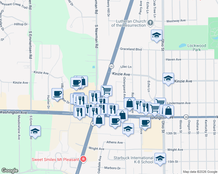 map of restaurants, bars, coffee shops, grocery stores, and more near 1001 South Green Bay Road in Mount Pleasant