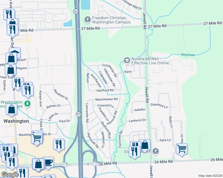 map of restaurants, bars, coffee shops, grocery stores, and more near 11215 Hartford Road in Washington