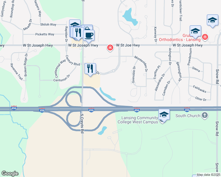 map of restaurants, bars, coffee shops, grocery stores, and more near 6101 Anacapri Drive in Lansing