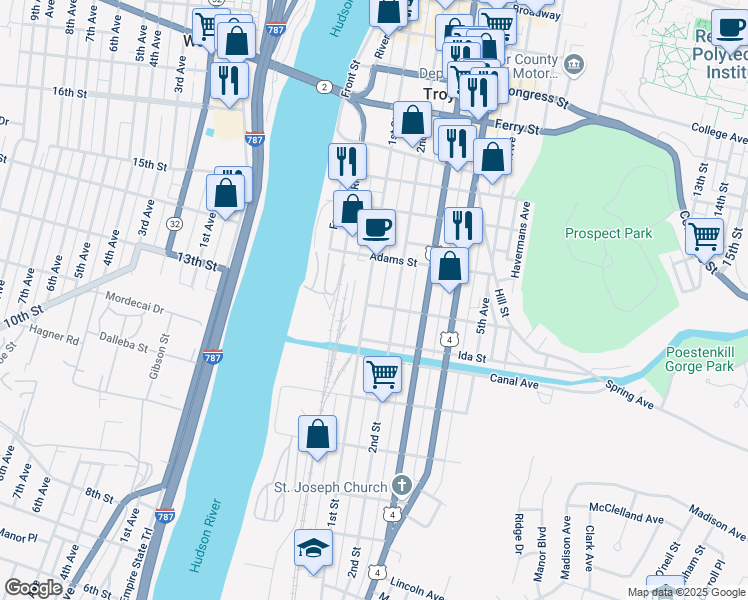 map of restaurants, bars, coffee shops, grocery stores, and more near 242 1st Street in Troy