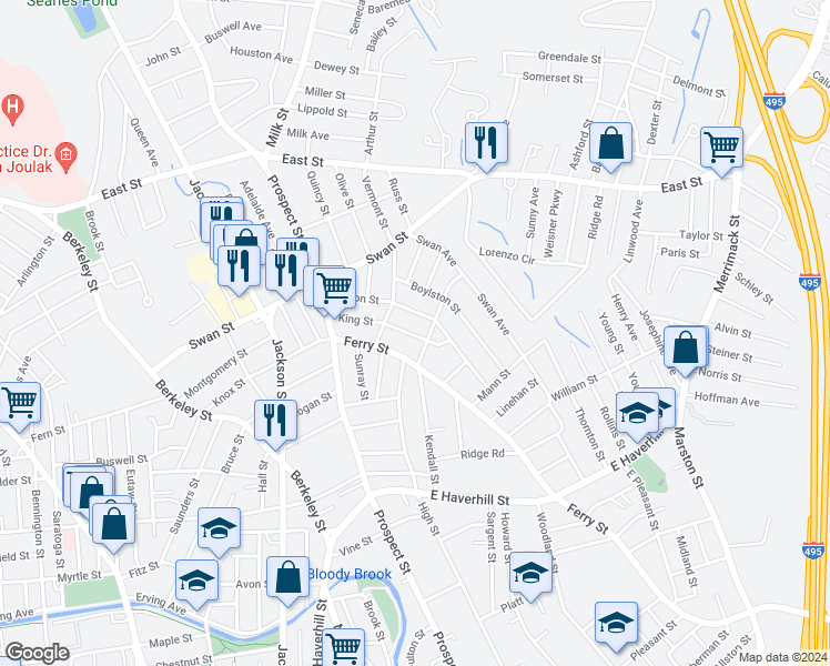 map of restaurants, bars, coffee shops, grocery stores, and more near 52 King Street in Methuen