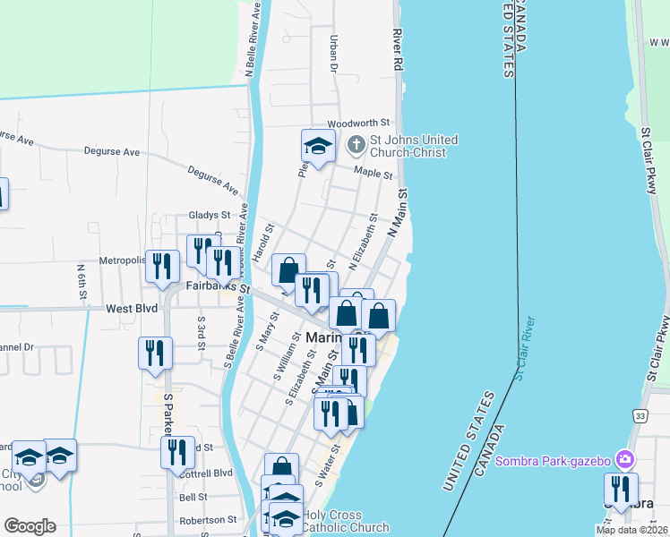 map of restaurants, bars, coffee shops, grocery stores, and more near 234 North William Street in Marine City