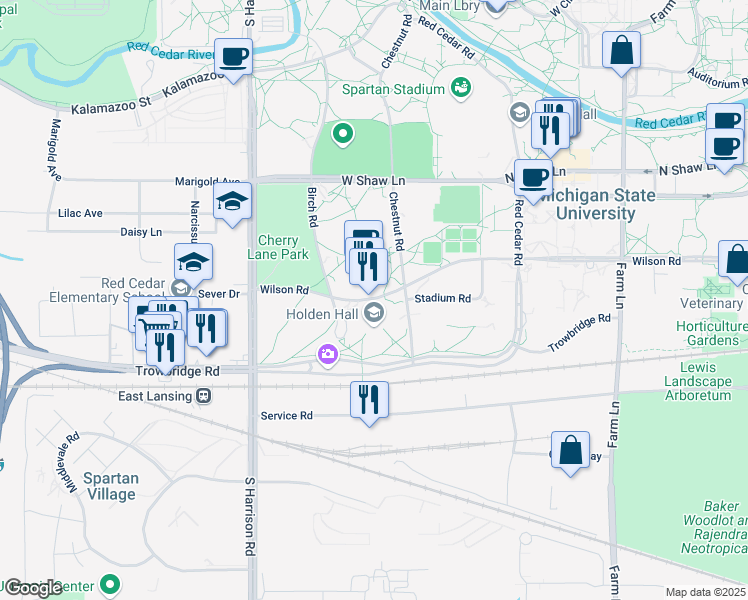 map of restaurants, bars, coffee shops, grocery stores, and more near 234 Wilson Road in East Lansing