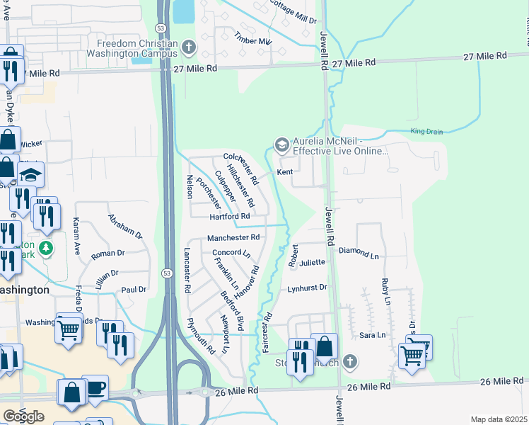 map of restaurants, bars, coffee shops, grocery stores, and more near 11294 Hartford Road in Washington