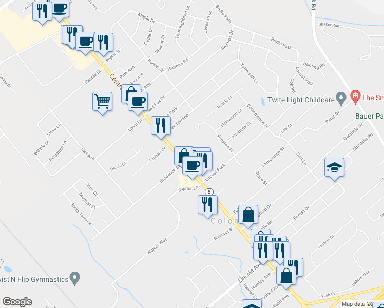 map of restaurants, bars, coffee shops, grocery stores, and more near 1665 Central Avenue in Albany