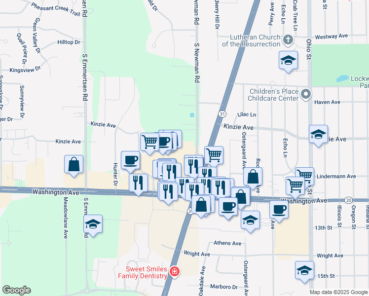 map of restaurants, bars, coffee shops, grocery stores, and more near 5500 Washington Avenue in Racine