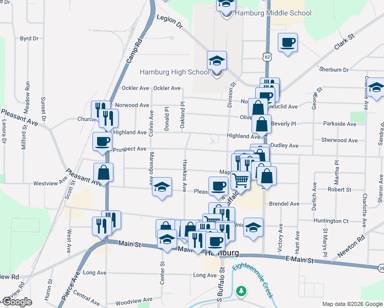 map of restaurants, bars, coffee shops, grocery stores, and more near 131 Hawkins Avenue in Hamburg