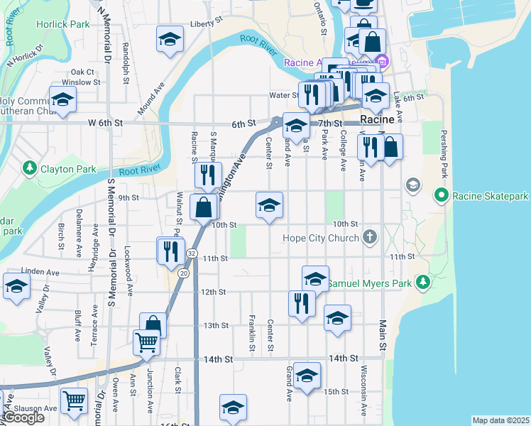 map of restaurants, bars, coffee shops, grocery stores, and more near 932 Center Street in Racine