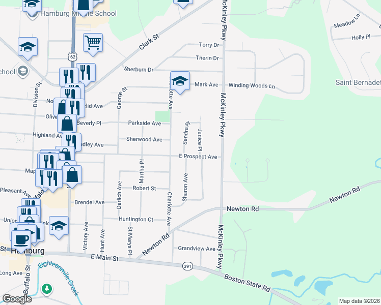 map of restaurants, bars, coffee shops, grocery stores, and more near 268 East Prospect Avenue in Hamburg