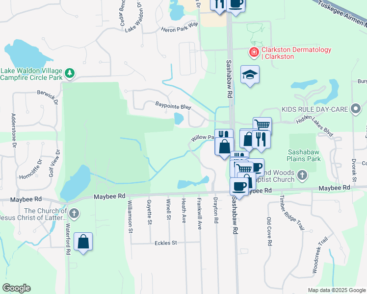 map of restaurants, bars, coffee shops, grocery stores, and more near 5863 Willow Park Rd in Clarkston