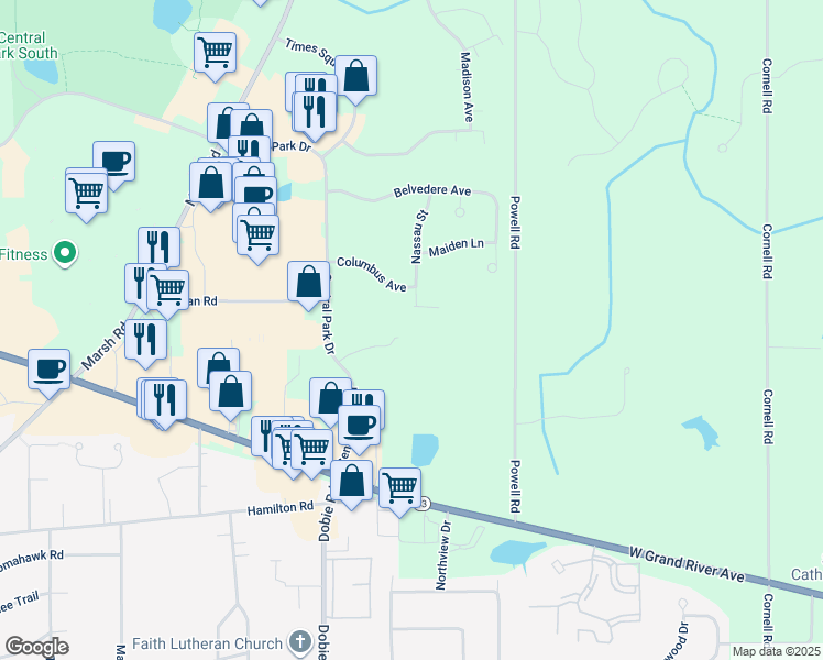 map of restaurants, bars, coffee shops, grocery stores, and more near 4830 Central Park Drive in Meridian charter Township