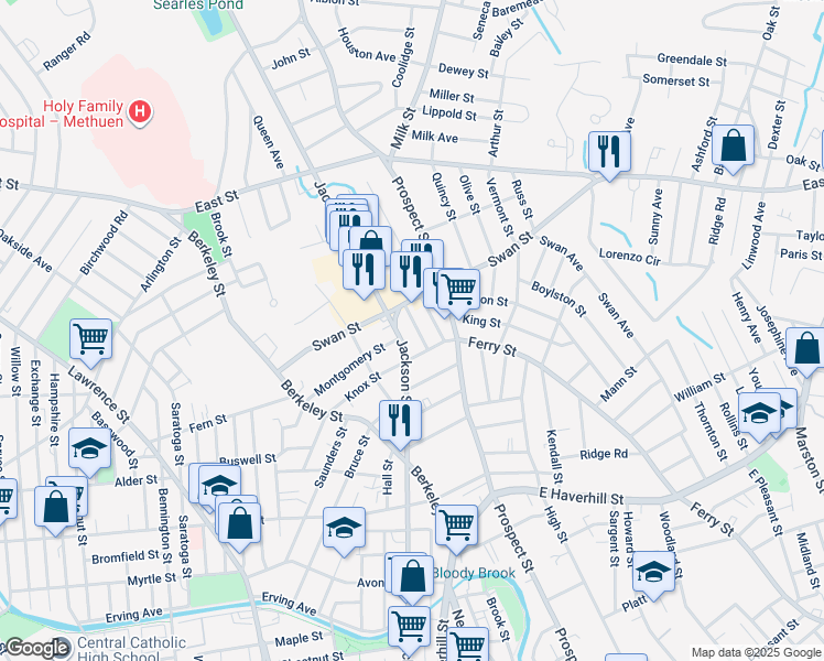 map of restaurants, bars, coffee shops, grocery stores, and more near 23 Knox Street in Lawrence