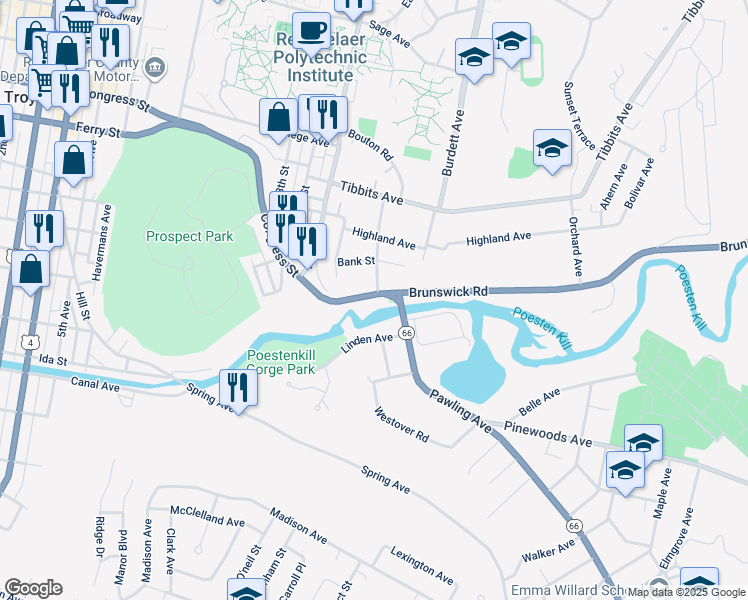 map of restaurants, bars, coffee shops, grocery stores, and more near 548 Congress Street in Troy
