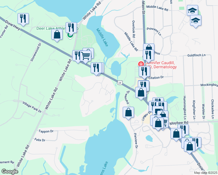 map of restaurants, bars, coffee shops, grocery stores, and more near 5739 Woodland View Court in Clarkston