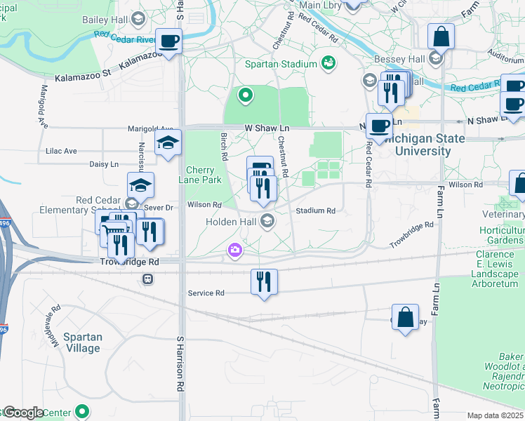 map of restaurants, bars, coffee shops, grocery stores, and more near 234 Wilson Road in East Lansing