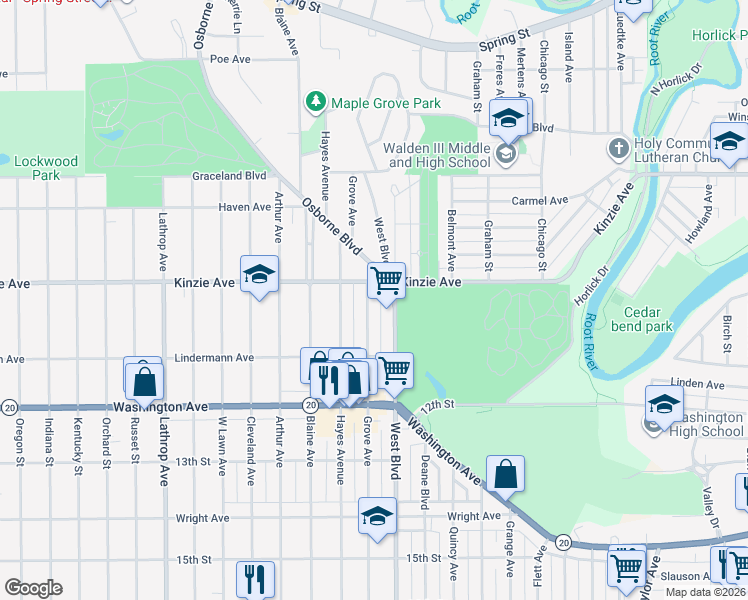 map of restaurants, bars, coffee shops, grocery stores, and more near 938 Grove Avenue in Racine