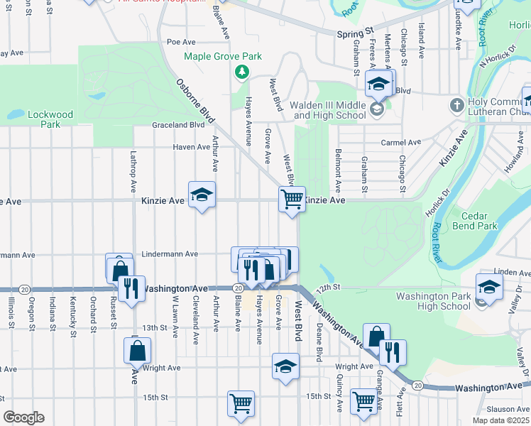 map of restaurants, bars, coffee shops, grocery stores, and more near 938 Grove Avenue in Racine