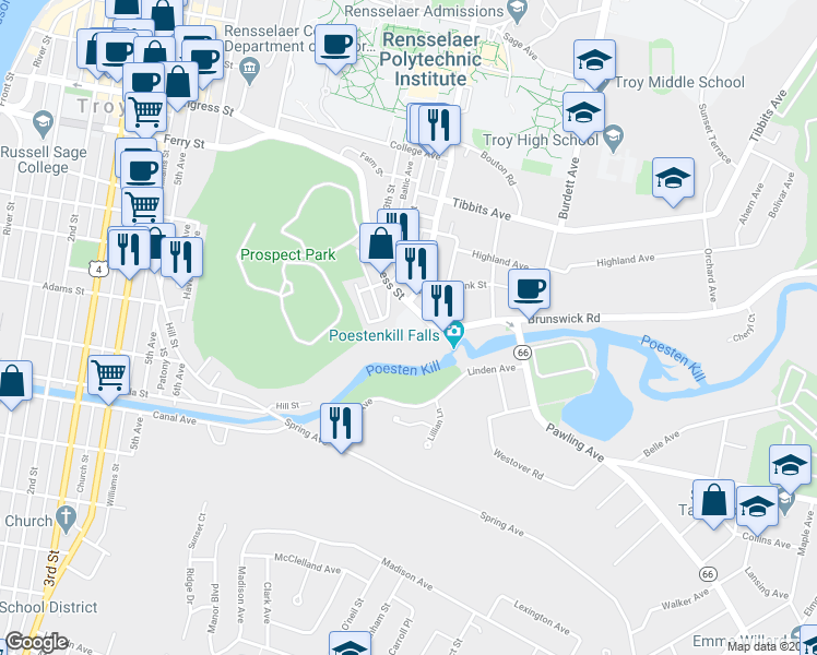 map of restaurants, bars, coffee shops, grocery stores, and more near 384 Congress Street in Troy
