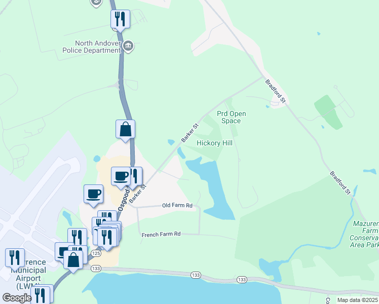 map of restaurants, bars, coffee shops, grocery stores, and more near 189 Barker Street in North Andover