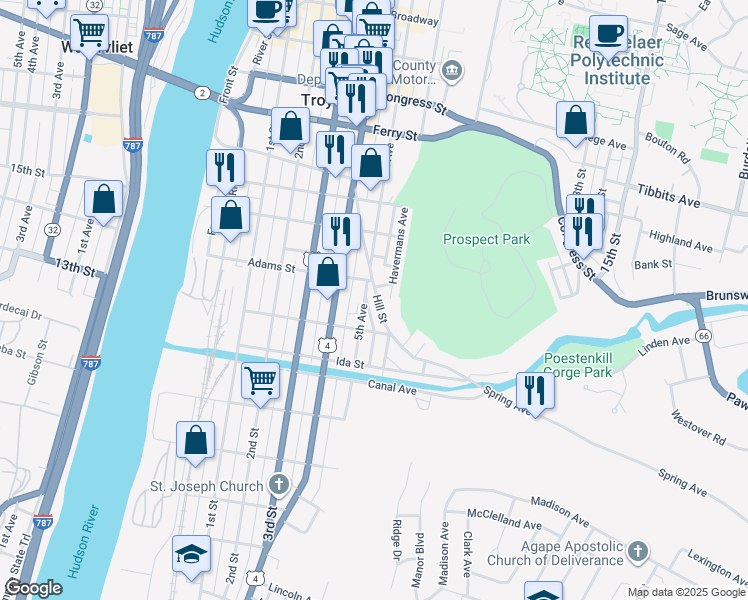map of restaurants, bars, coffee shops, grocery stores, and more near 99 Hill Street in Troy