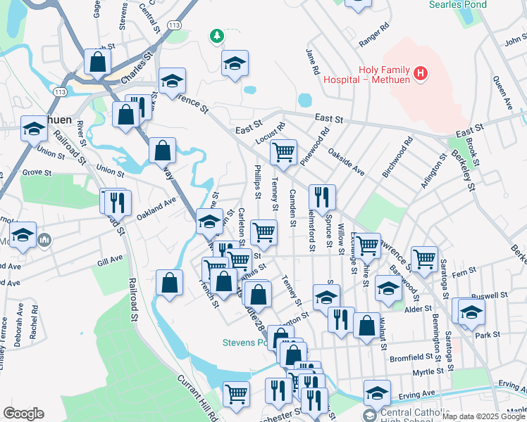 map of restaurants, bars, coffee shops, grocery stores, and more near 69 Phillips Street in Methuen