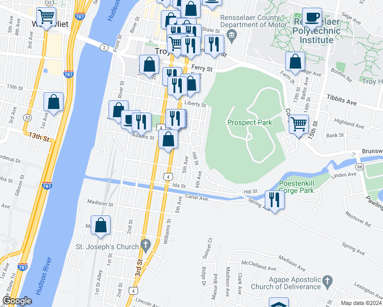 map of restaurants, bars, coffee shops, grocery stores, and more near 117 Hill Street in Troy