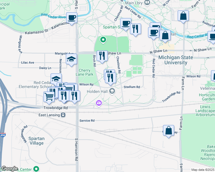 map of restaurants, bars, coffee shops, grocery stores, and more near 234 Wilson Road in East Lansing
