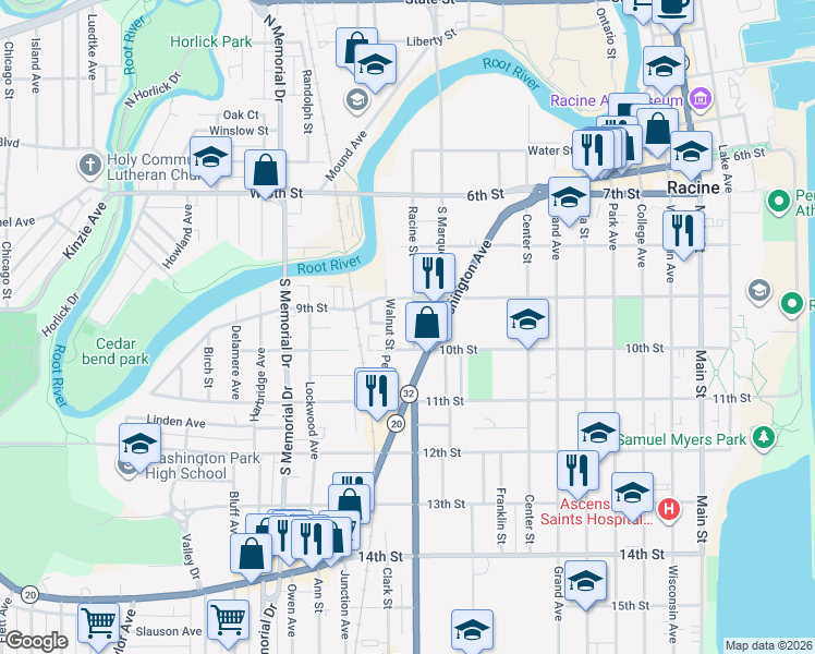 map of restaurants, bars, coffee shops, grocery stores, and more near 958 Washington Avenue in Racine