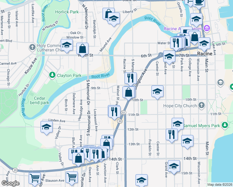map of restaurants, bars, coffee shops, grocery stores, and more near 946 Walnut Street in Racine