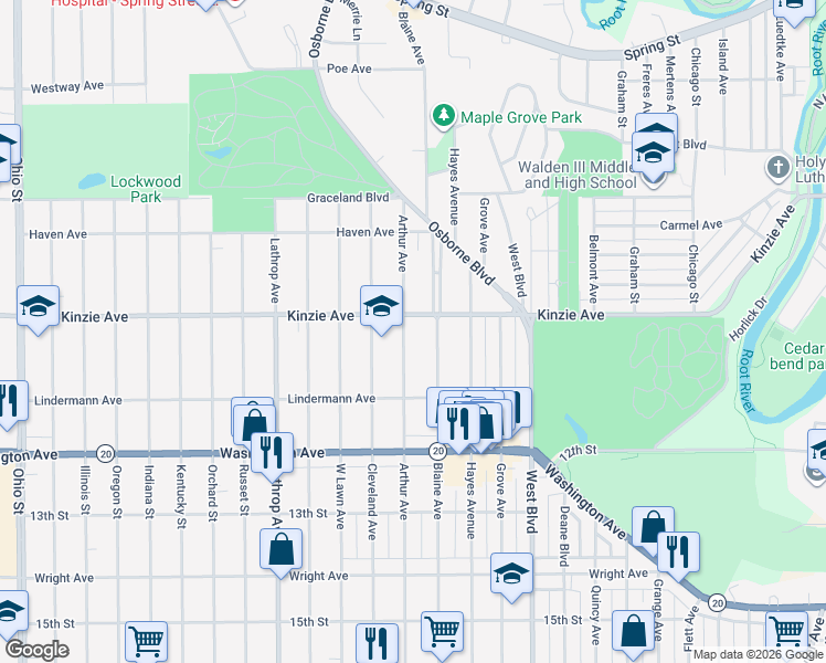map of restaurants, bars, coffee shops, grocery stores, and more near 932 Blaine Avenue in Racine