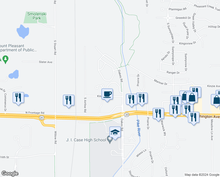 map of restaurants, bars, coffee shops, grocery stores, and more near 1120 Kinzie Avenue in Mount Pleasant
