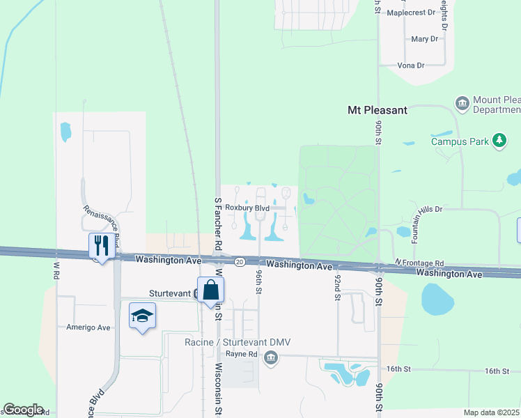 map of restaurants, bars, coffee shops, grocery stores, and more near 1043 Stratford Court in Racine