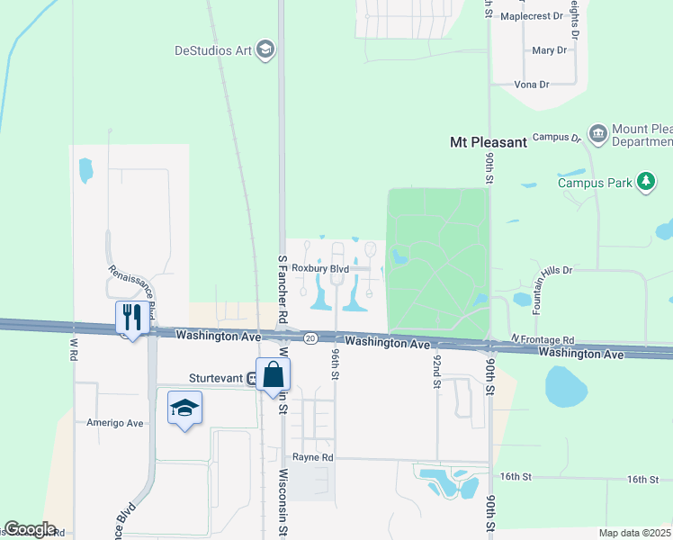map of restaurants, bars, coffee shops, grocery stores, and more near 1043 Stratford Court in Racine