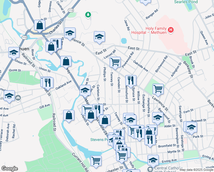 map of restaurants, bars, coffee shops, grocery stores, and more near 69 Phillips Street in Methuen